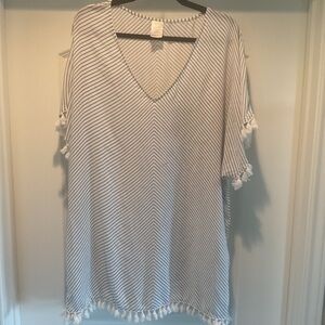 Merona White and Navy Striped Swim Coverup with Tassel Trim